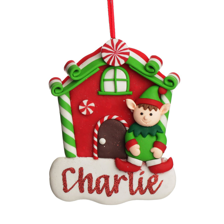 Personalised Gingerbread House Decoration with Boy Elf