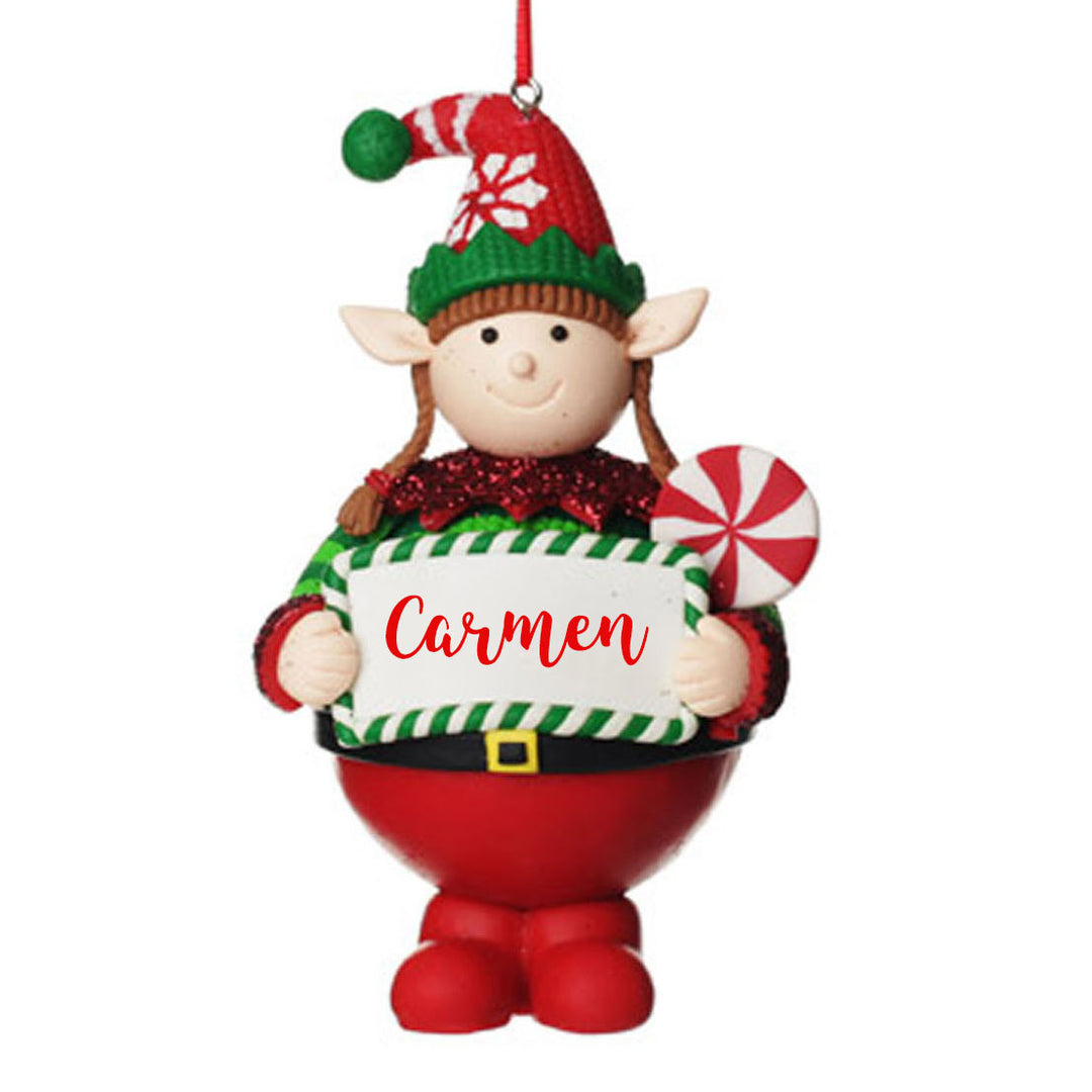 Personalised Girl Elf with Lollipop Christmas Ornament