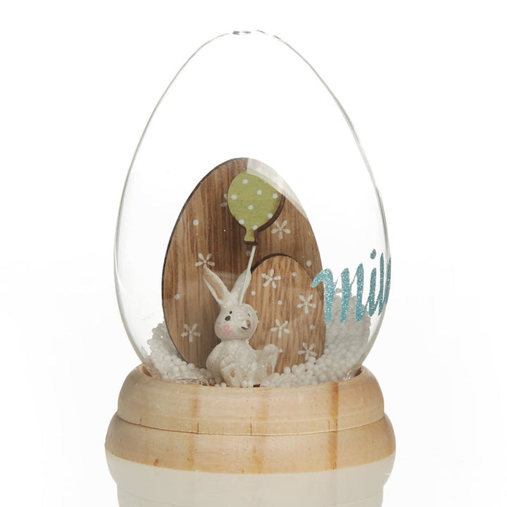 Personalised Glass Easter Egg Cloche with Bunny Inside and Wood Base