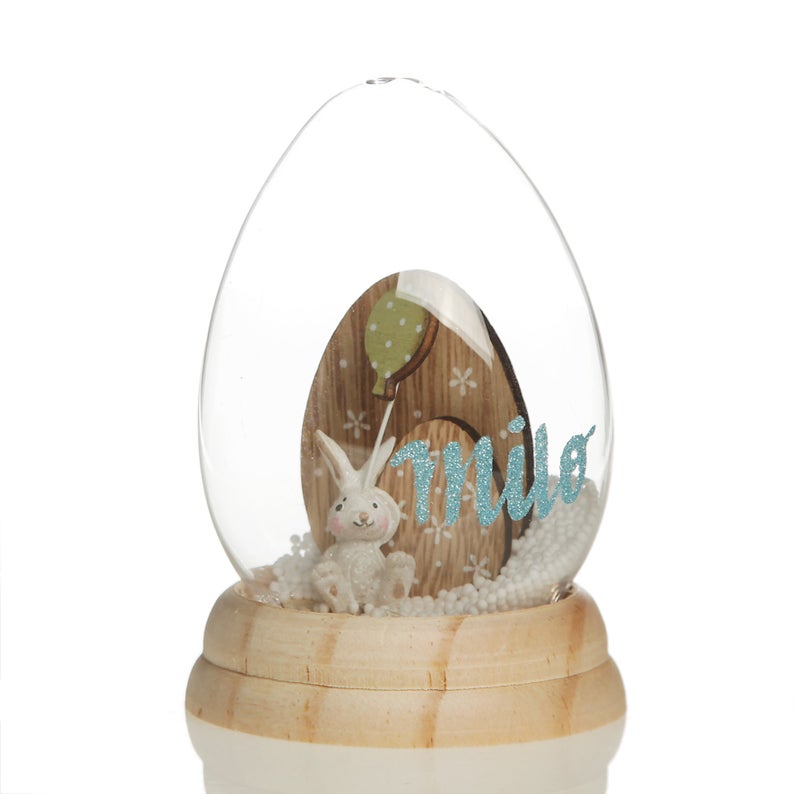 Personalised Glass Easter Egg Cloche with Bunny Inside and Wood Base