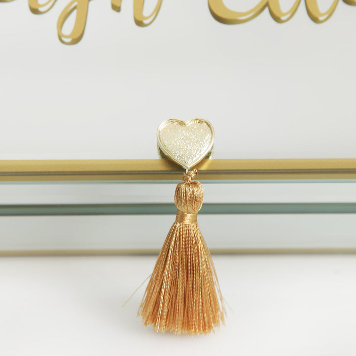 Personalised Glass Mirror Jewellery Box with Gold Tassel - heart and tassel detail