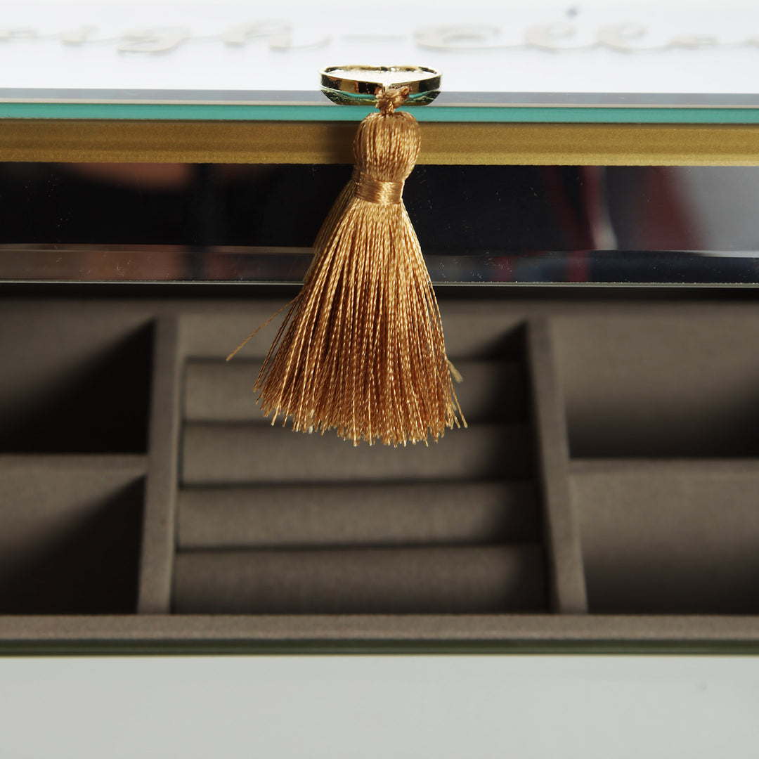 Personalised Glass Mirror Jewellery Box with Gold Tassel - open detail