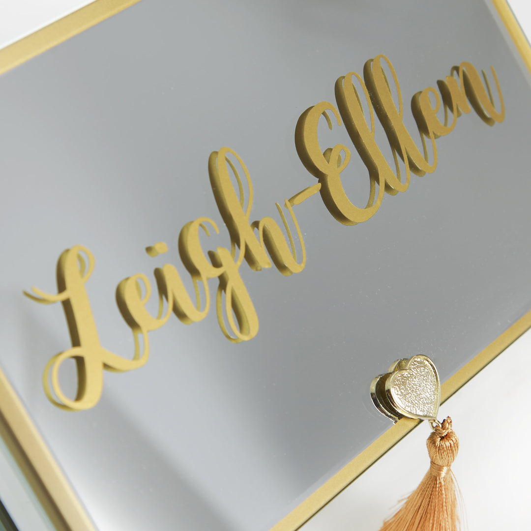 Personalised Glass Mirror Jewellery Box with Gold Tassel - Gold Metallic personalisation