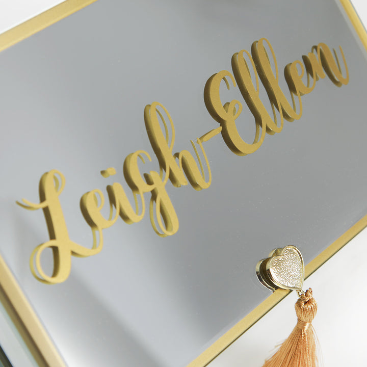 Personalised Glass Mirror Jewellery Box with Gold Tassel - Gold Metallic personalisation