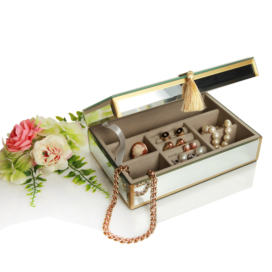 Personalised Glass Mirror Jewellery Box with Gold Tassel