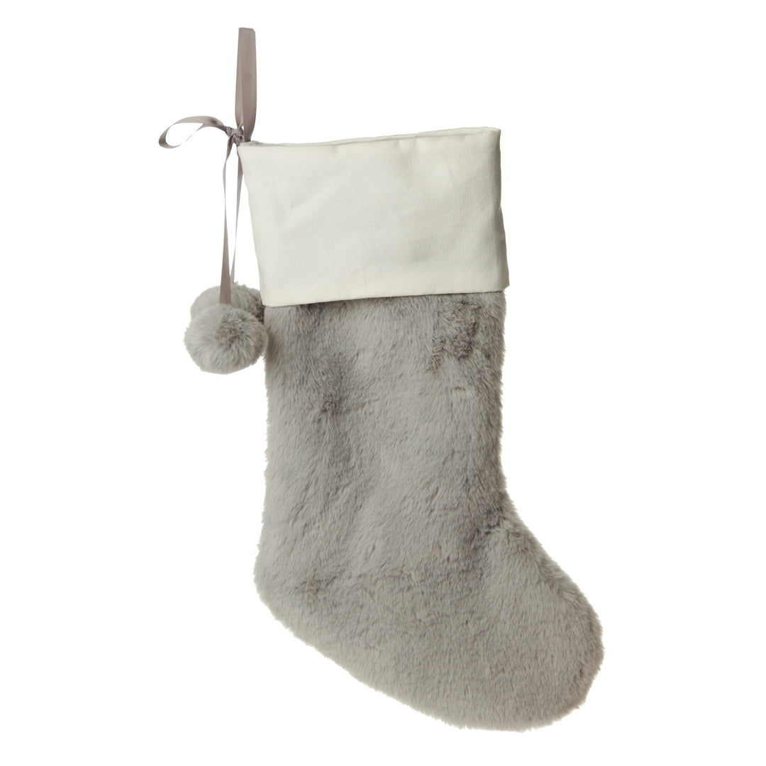 Personalised Grey Fur Christmas Stocking with Pom Poms