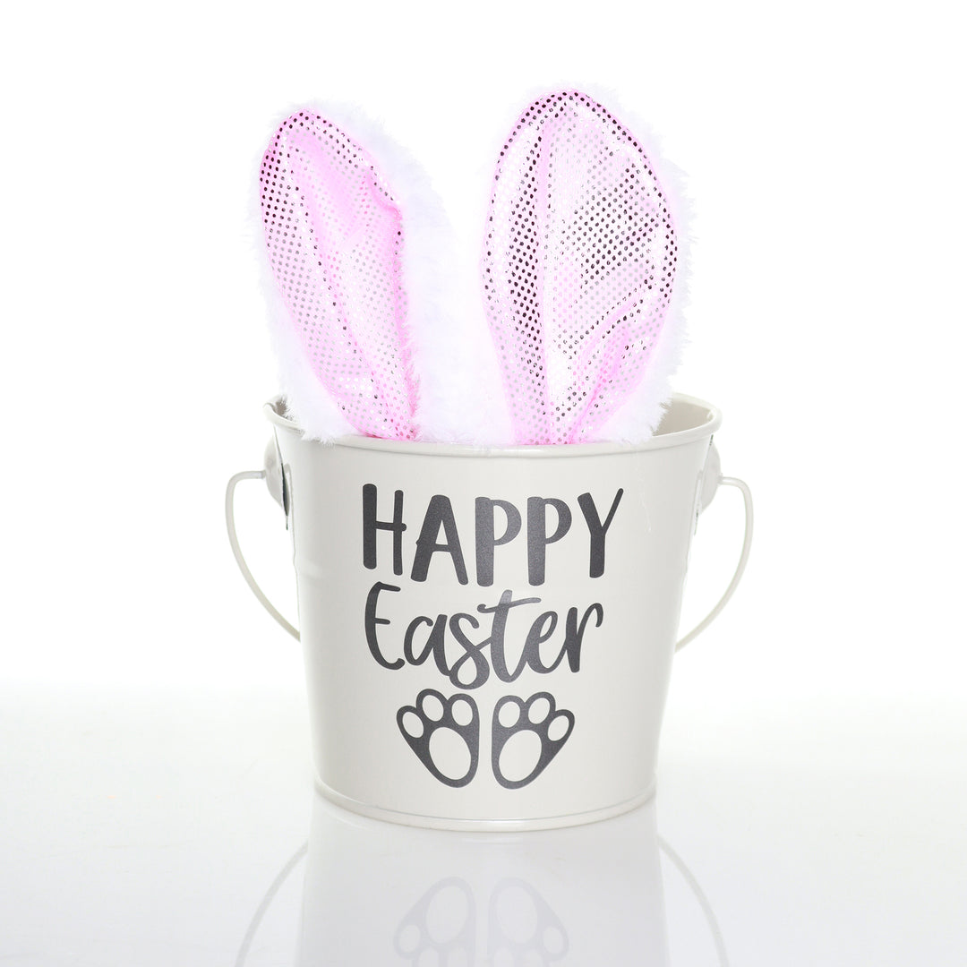 Personalised Grey Happy Easter Bucket with Pink Bunny Ears
