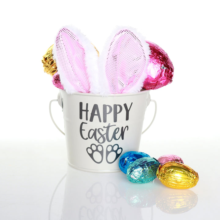 Personalised Grey Happy Easter Bucket with Pink Bunny Ears