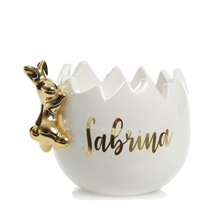 Personalised Large Cracked Easter Egg Treat Bowl with Gold Bunny
