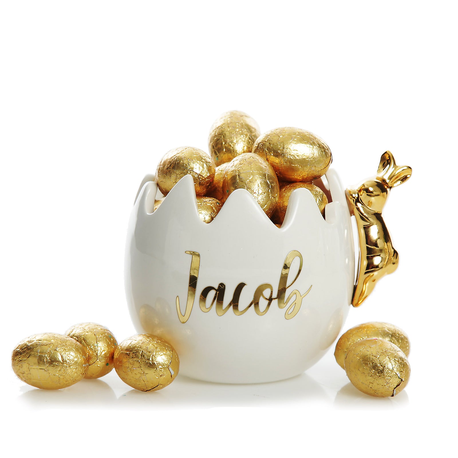Personalised Medium Cracked Easter Egg Treat Bowl with Gold Bunny - Vinyl Lettering