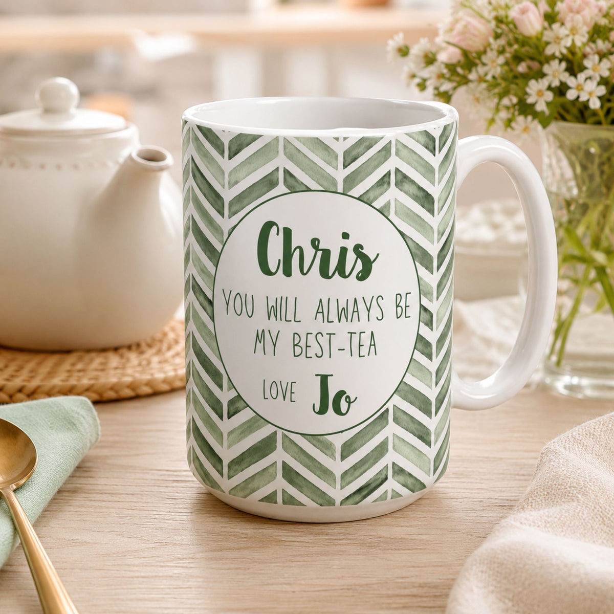 Personalised Message Mug Green Herringbone Pattern 