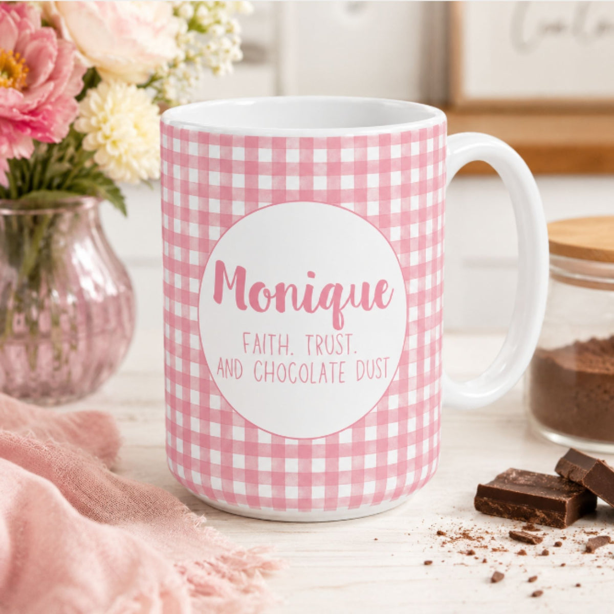 Personalised Message Mug Pink Gingham Pattern