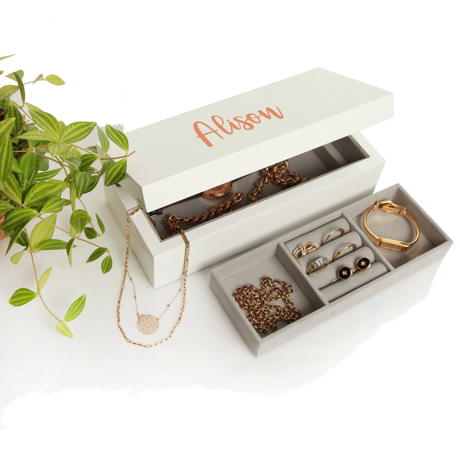 Personalised Modern Sleek Compact White Jewellery Box