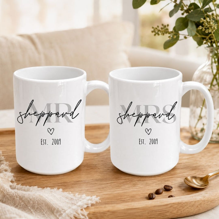 Matching Couple Mugs - Personalised Name and Date - Set of 2 - Gift Boxed