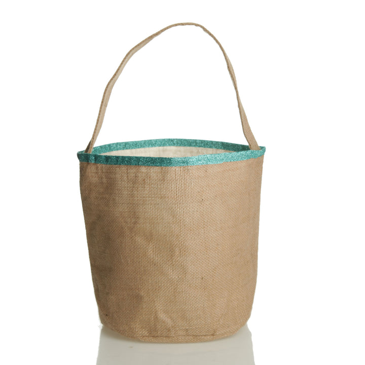 Personalised Natural Burlap Easter Bag with Blue Glitter Trim and Blue Glitter Bunny
