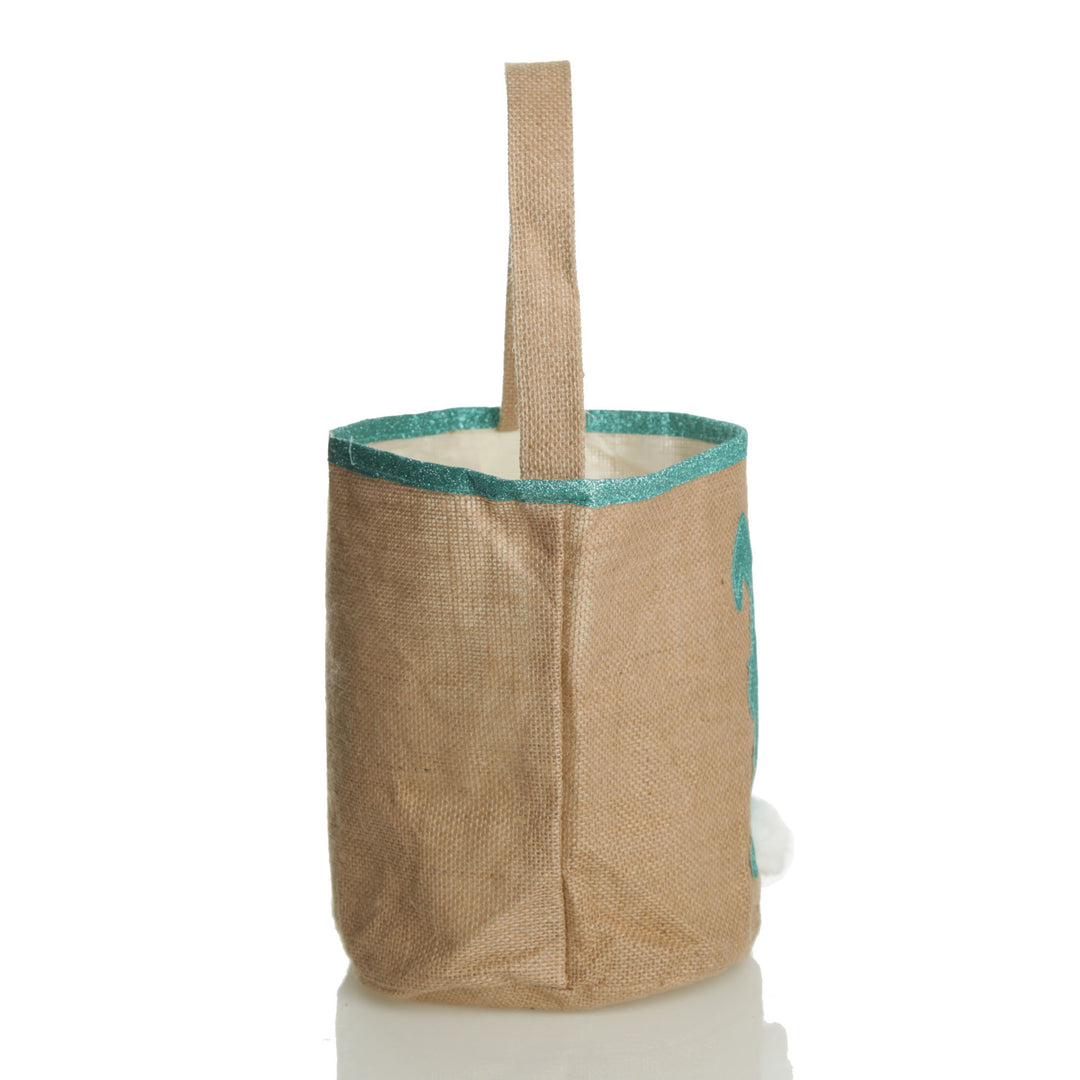 Personalised Natural Burlap Easter Bag with Blue Glitter Trim and Blue Glitter Bunny