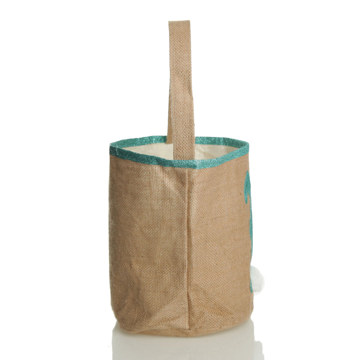 Personalised Natural Burlap Easter Bag with Blue Glitter Trim and Blue Glitter Bunny