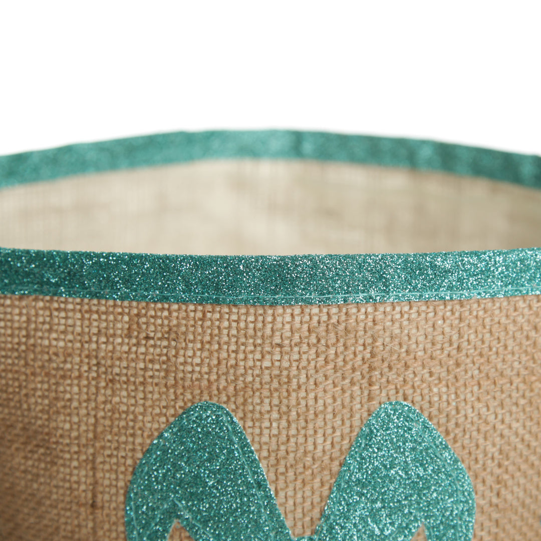 Personalised Natural Burlap Easter Bag with Blue Glitter Trim and Blue Glitter Bunny