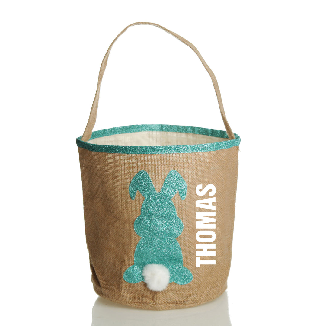 Personalised Natural Burlap Easter Bag with Blue Glitter Trim and Blue Glitter Bunny

