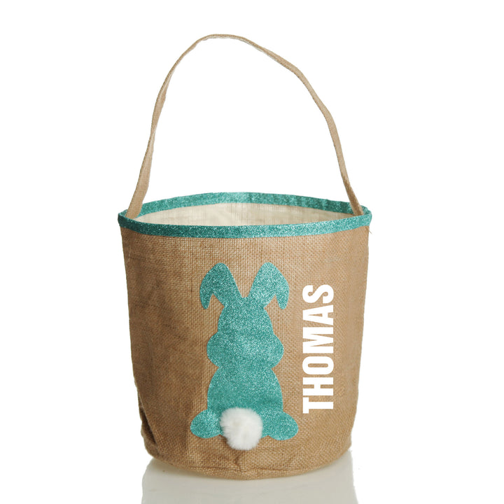 Personalised Natural Burlap Easter Bag with Blue Glitter Trim and Blue Glitter Bunny

