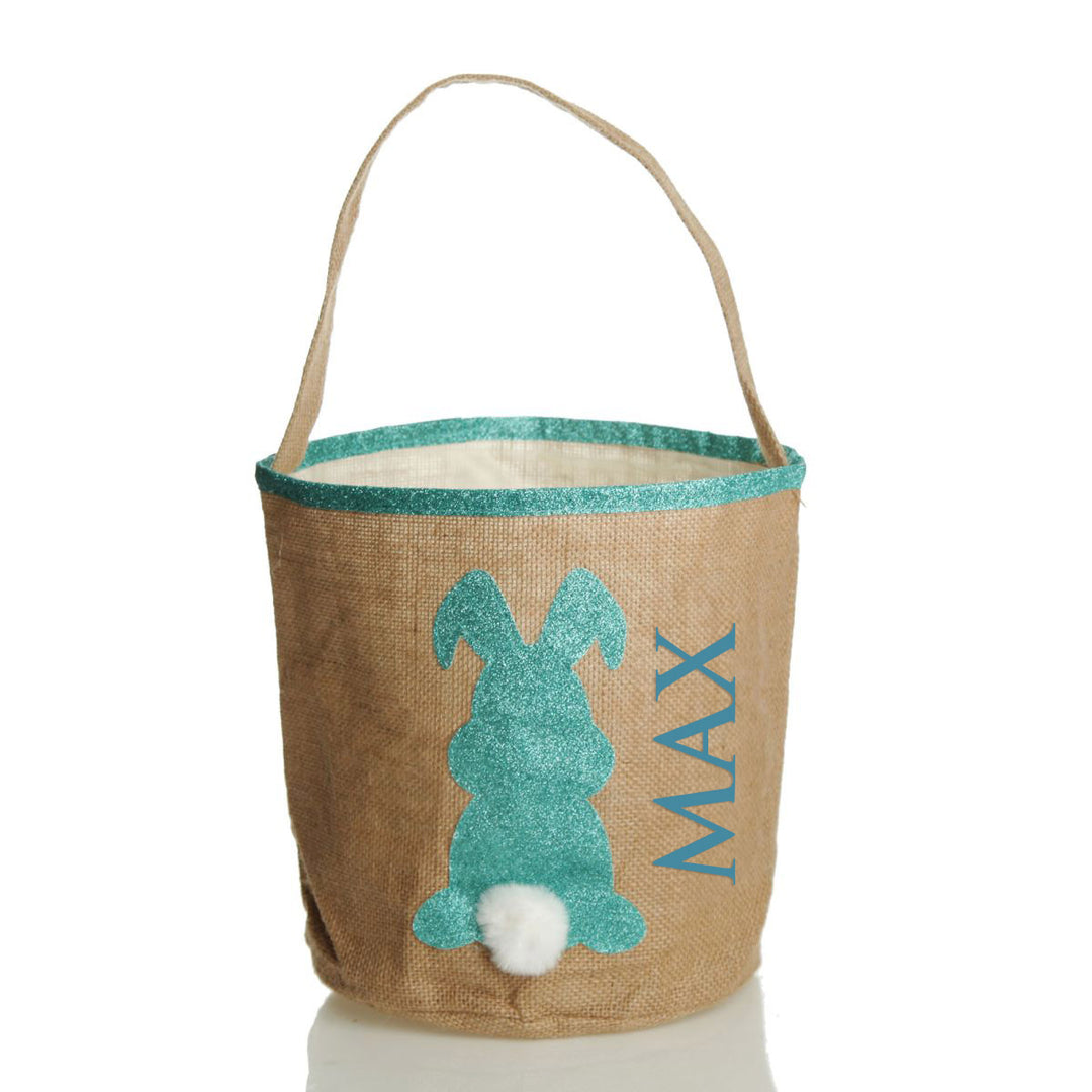 Personalised Natural Burlap Easter Bag with Blue Glitter Trim and Blue Glitter Bunny