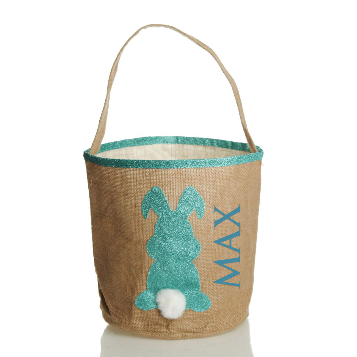 Personalised Natural Burlap Easter Bag with Blue Glitter Trim and Blue Glitter Bunny