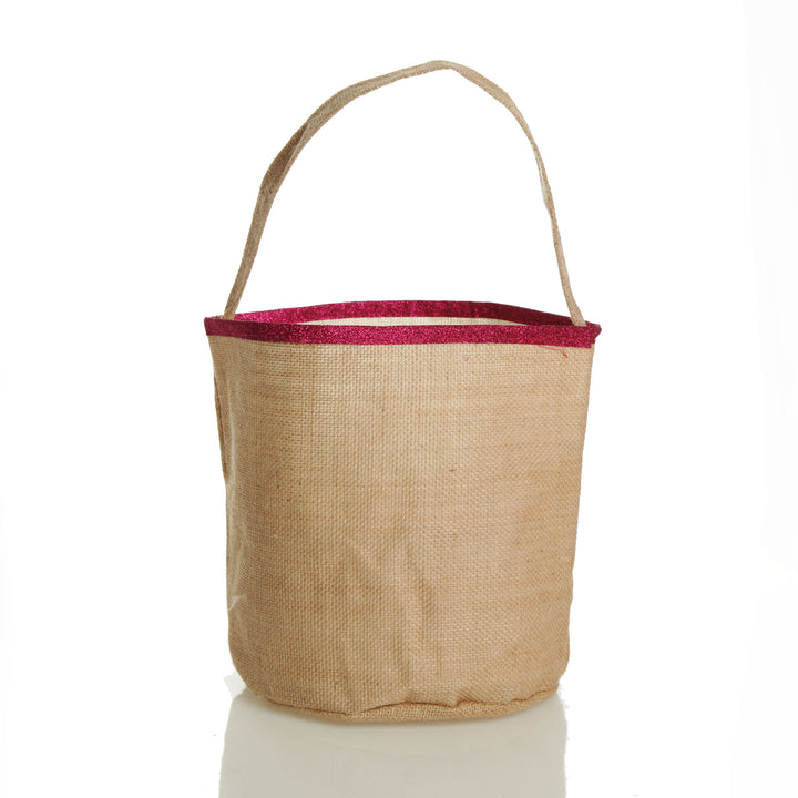 Personalised Natural Burlap Easter Bag with Hot Pink Glitter Trim and Bunny