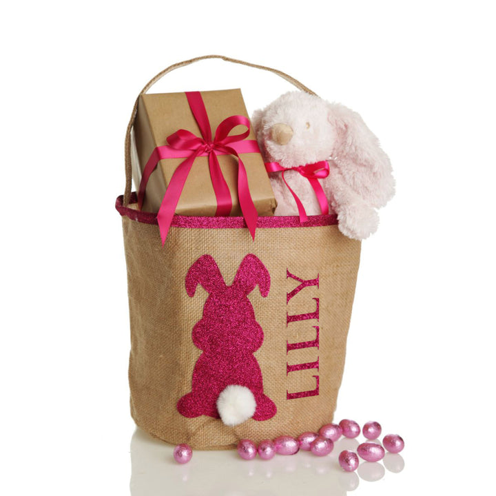 Personalised Natural Burlap Easter Bag with Hot Pink Glitter Trim and Bunny