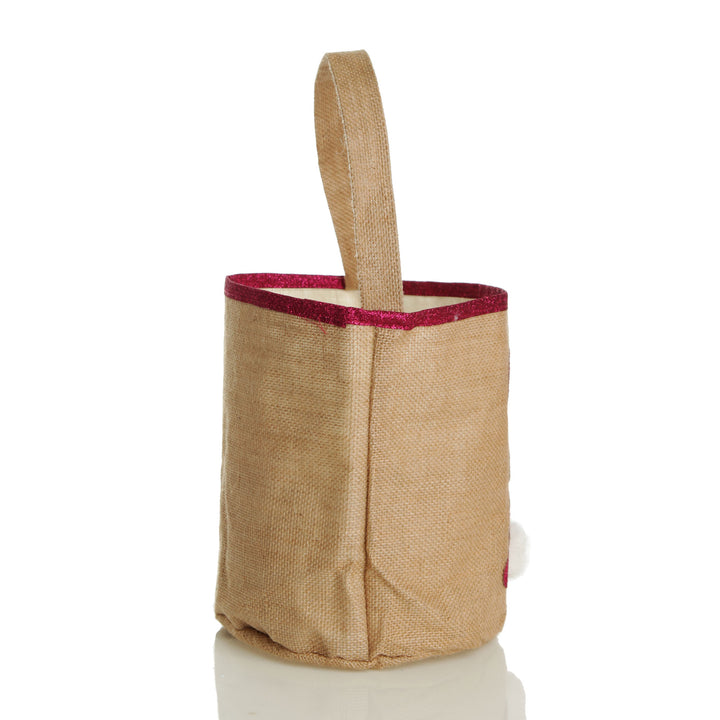 Personalised Natural Burlap Easter Bag with Hot Pink Glitter Trim and Bunny