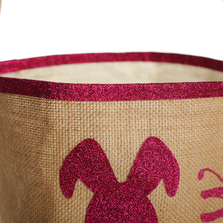 Personalised Natural Burlap Easter Bag with Hot Pink Glitter Trim and Bunny