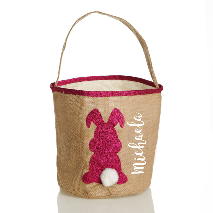 Personalised Natural Burlap Easter Bag with Hot Pink Glitter Trim and Bunny