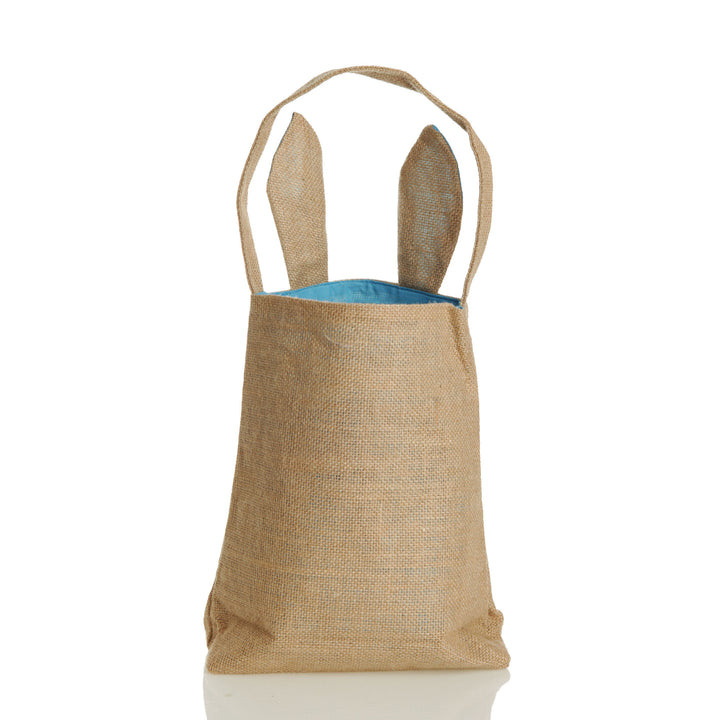 Personalised Natural Burlap Tote Bag with Blue Bunny Ears Back