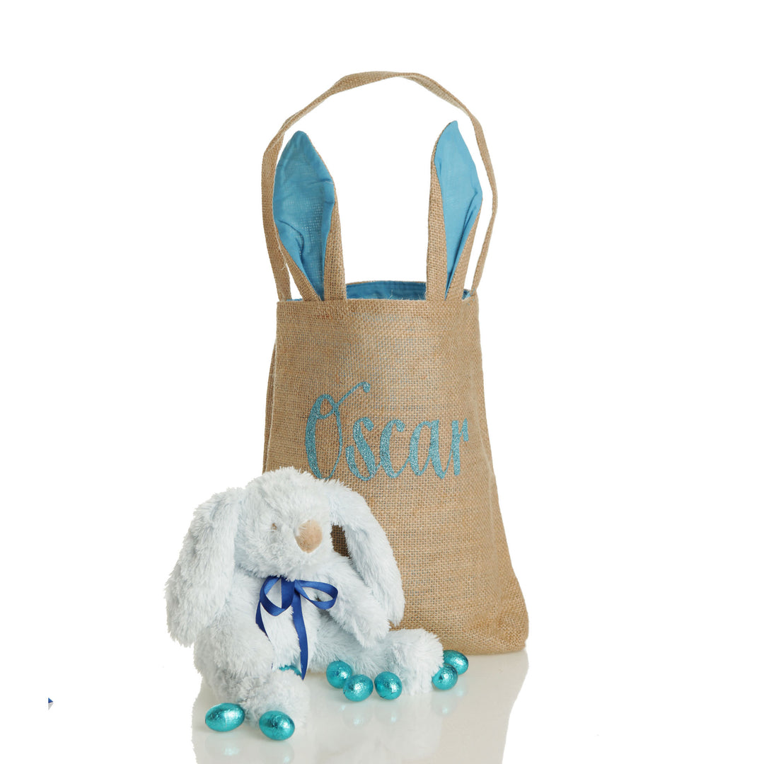 Personalised Natural Burlap Tote Bag with Blue Bunny Ears Lifestyle