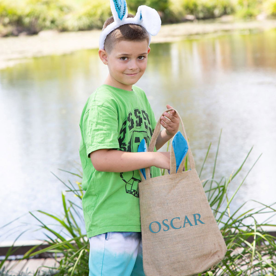 Personalised Natural Burlap Tote Bag with Blue Bunny Ears