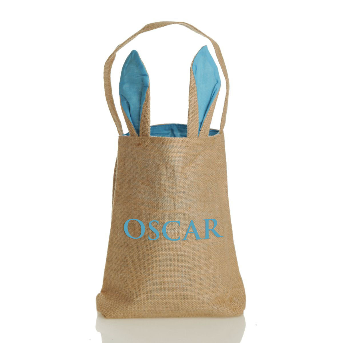Personalised Natural Burlap Tote Bag with Blue Bunny Ears