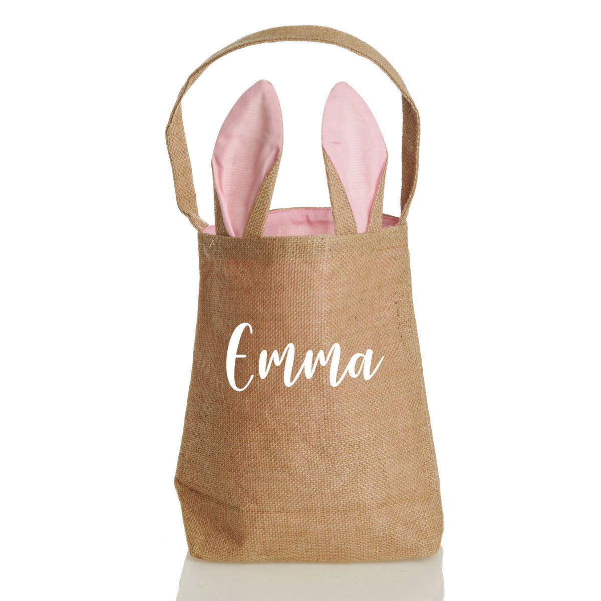 Personalised Natural Burlap Tote Bag with Pink Bunny Ears - Style 1 in White