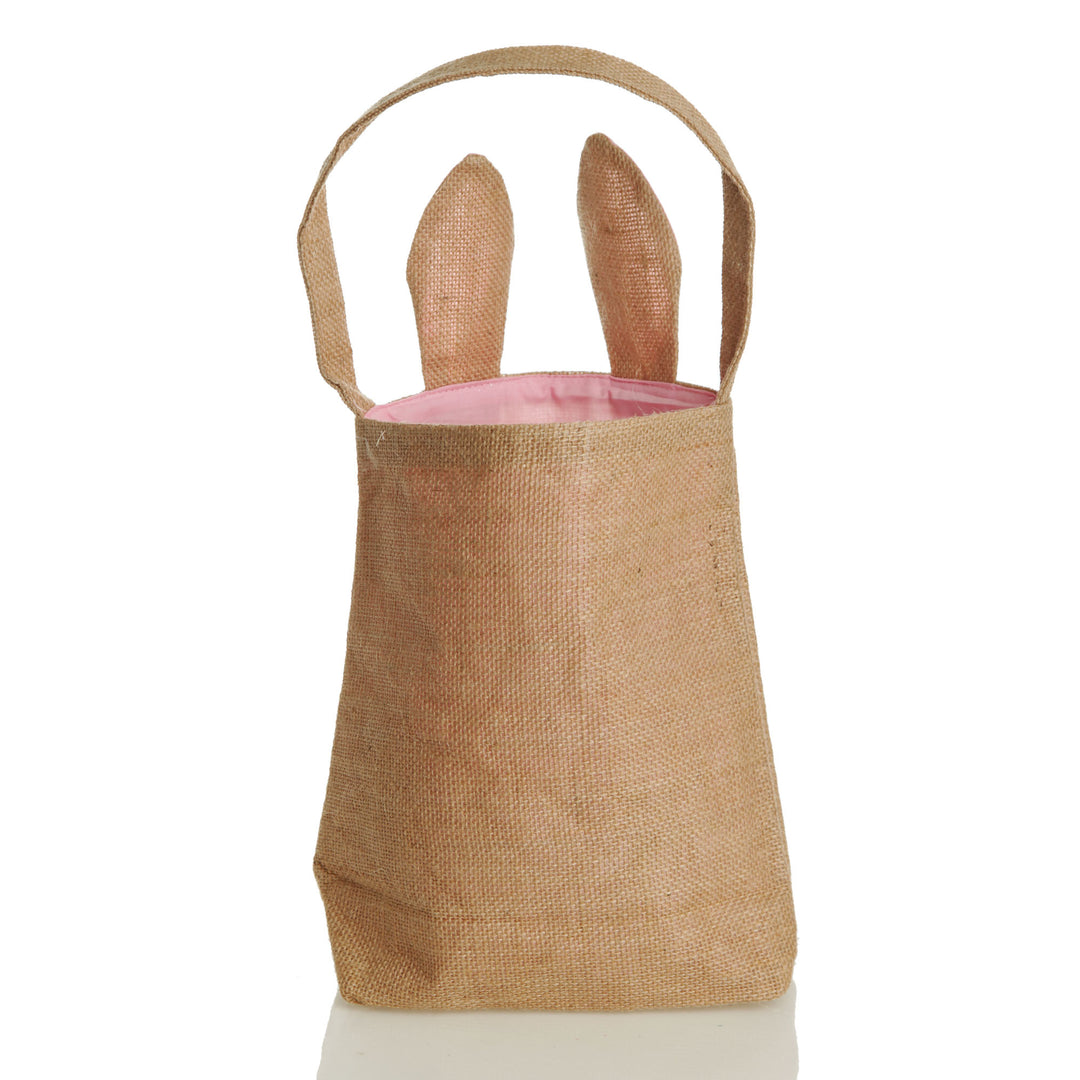 Personalised Natural Burlap Tote Bag with Pink Bunny Ears Back
