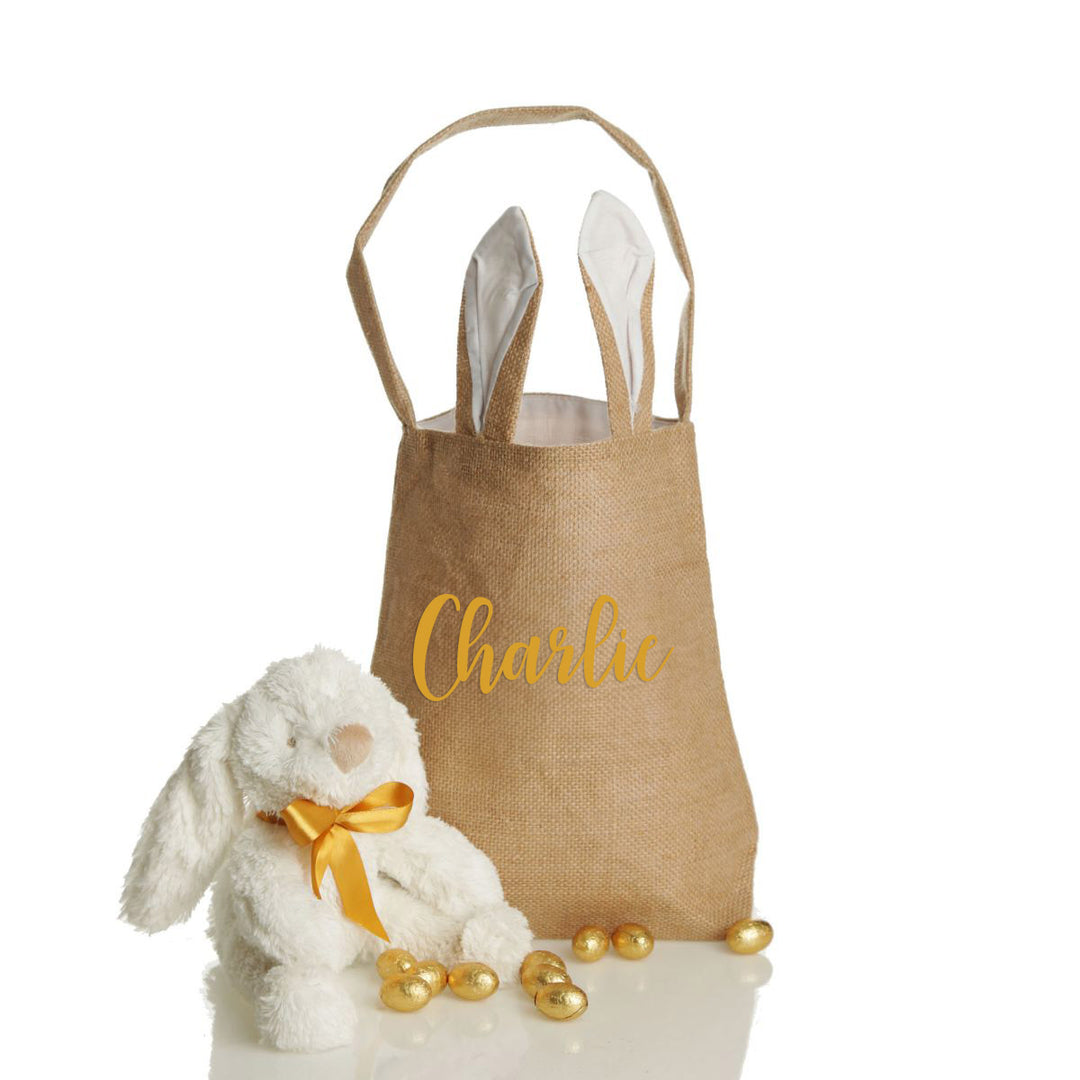 Personalised Natural Burlap Tote Bag with White Bunny Ears