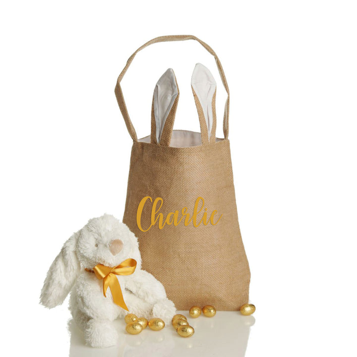 Personalised Natural Burlap Tote Bag with White Bunny Ears