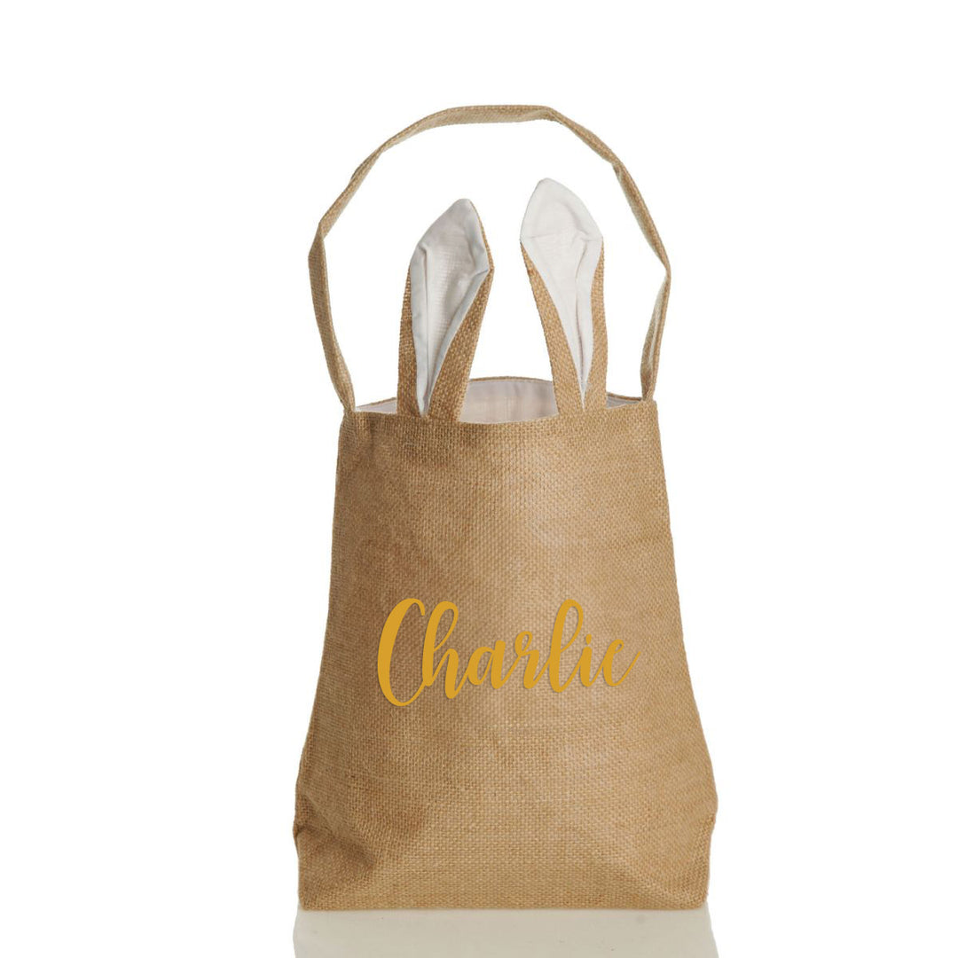 Personalised Natural Burlap Tote Bag with White Bunny Ears