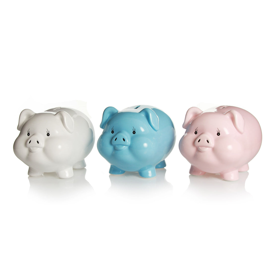 Personalised Blue Piggy Bank with Personalised White Piggy Bank and Personalised Pink Piggy Bank