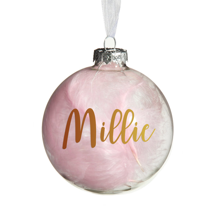Personalised Pink Feather Clear Glass Christmas Bauble