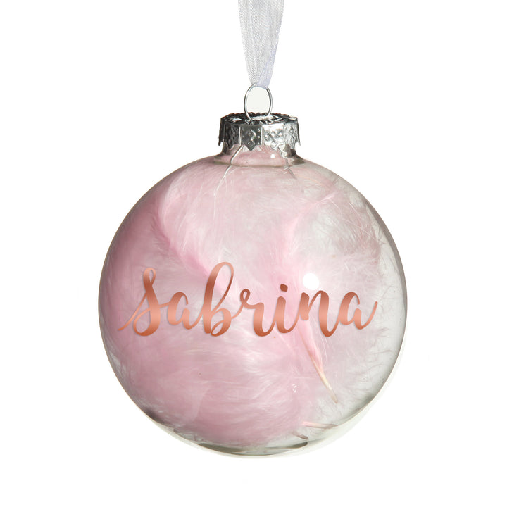 Personalised Pink Feather Clear Glass Christmas Bauble