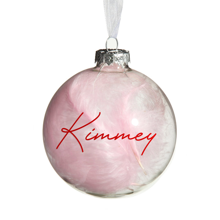Personalised Pink Feather Clear Glass Christmas Bauble