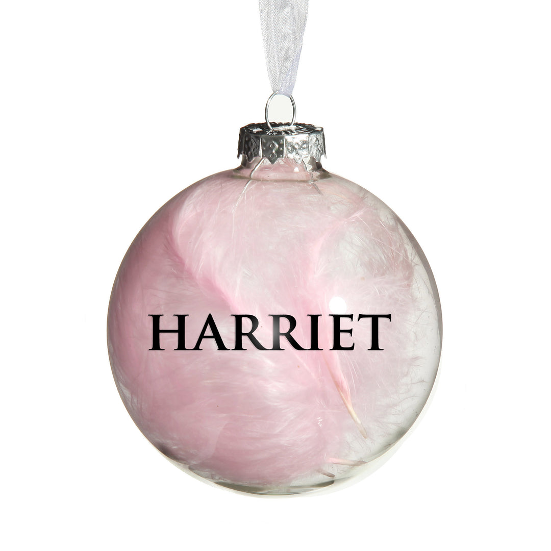 Personalised Pink Feather Clear Glass Christmas Bauble