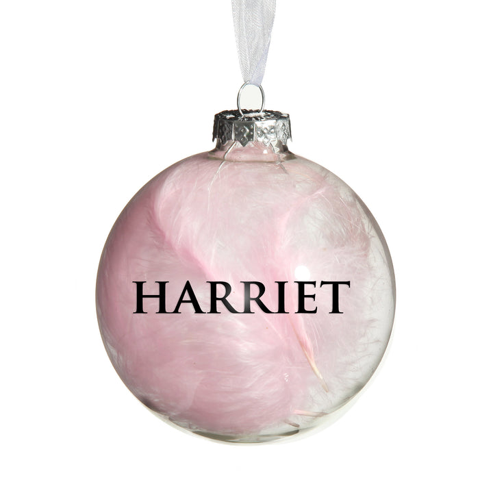 Personalised Pink Feather Clear Glass Christmas Bauble