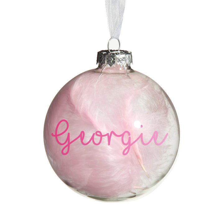 Personalised Pink Feather Clear Glass Christmas Bauble