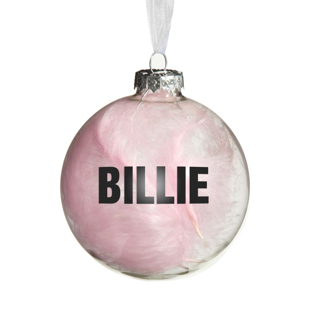 Personalised Pink Feather Clear Glass Christmas Bauble