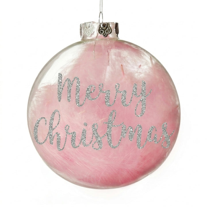 Personalised Pink Feather Clear Glass Christmas Bauble