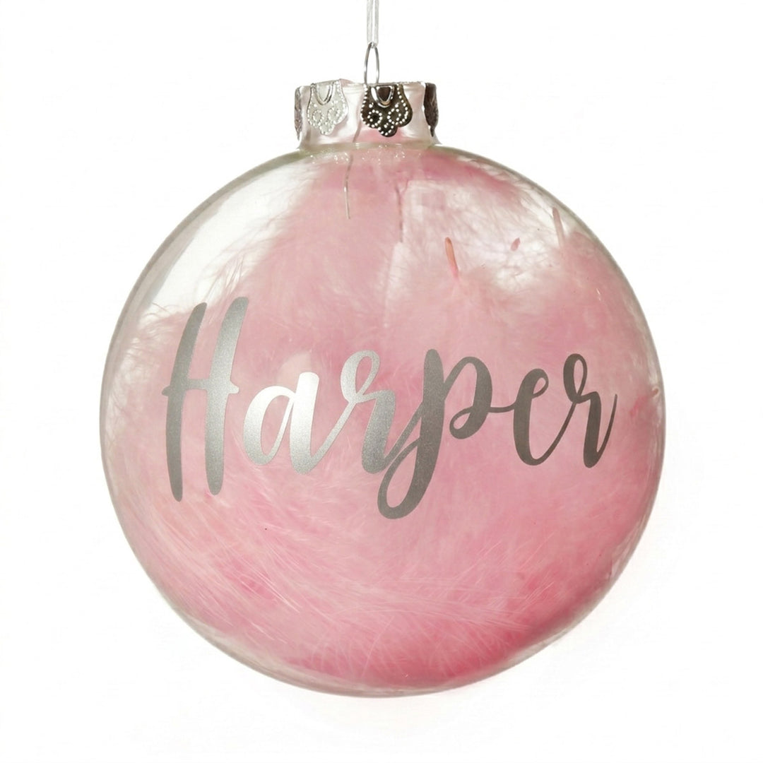 Personalised Pink Feather Clear Glass Christmas Bauble